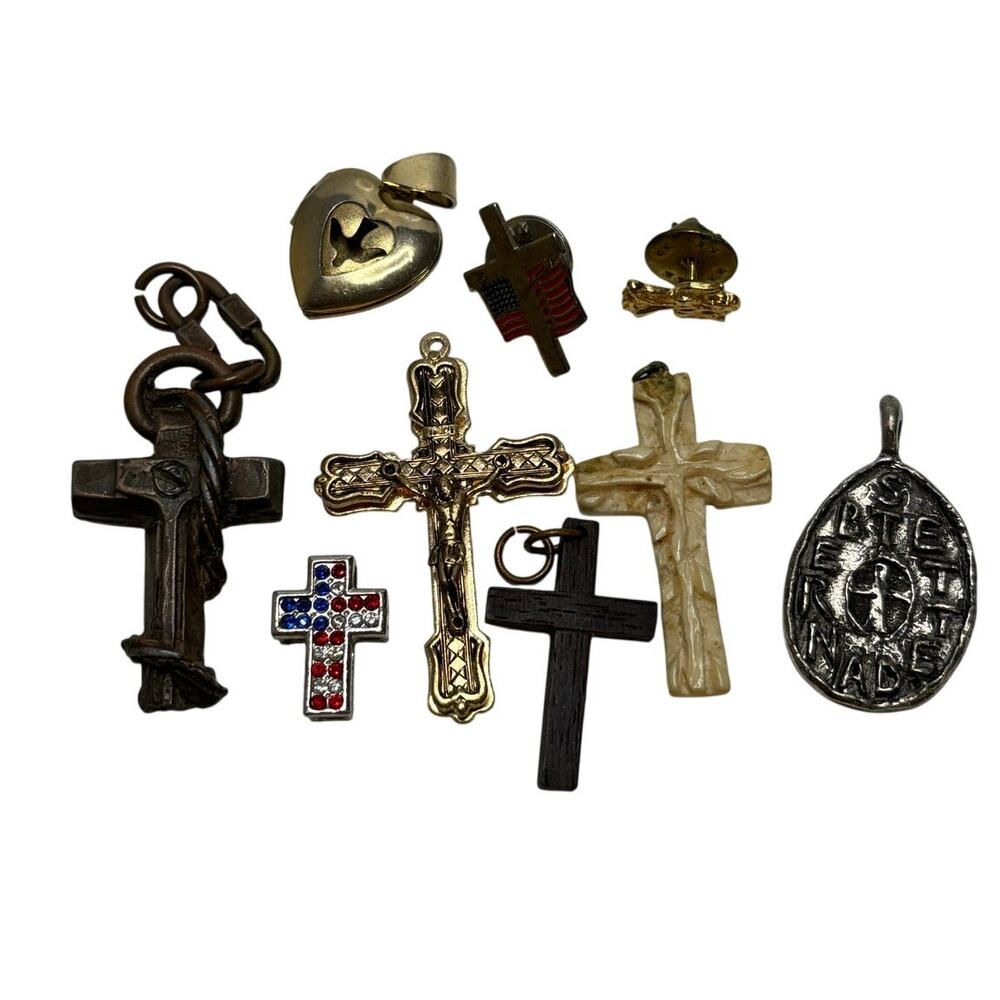 Religious Christian Cross Jewelry Lot Pendants Locket Lapel Pins 9 pcs